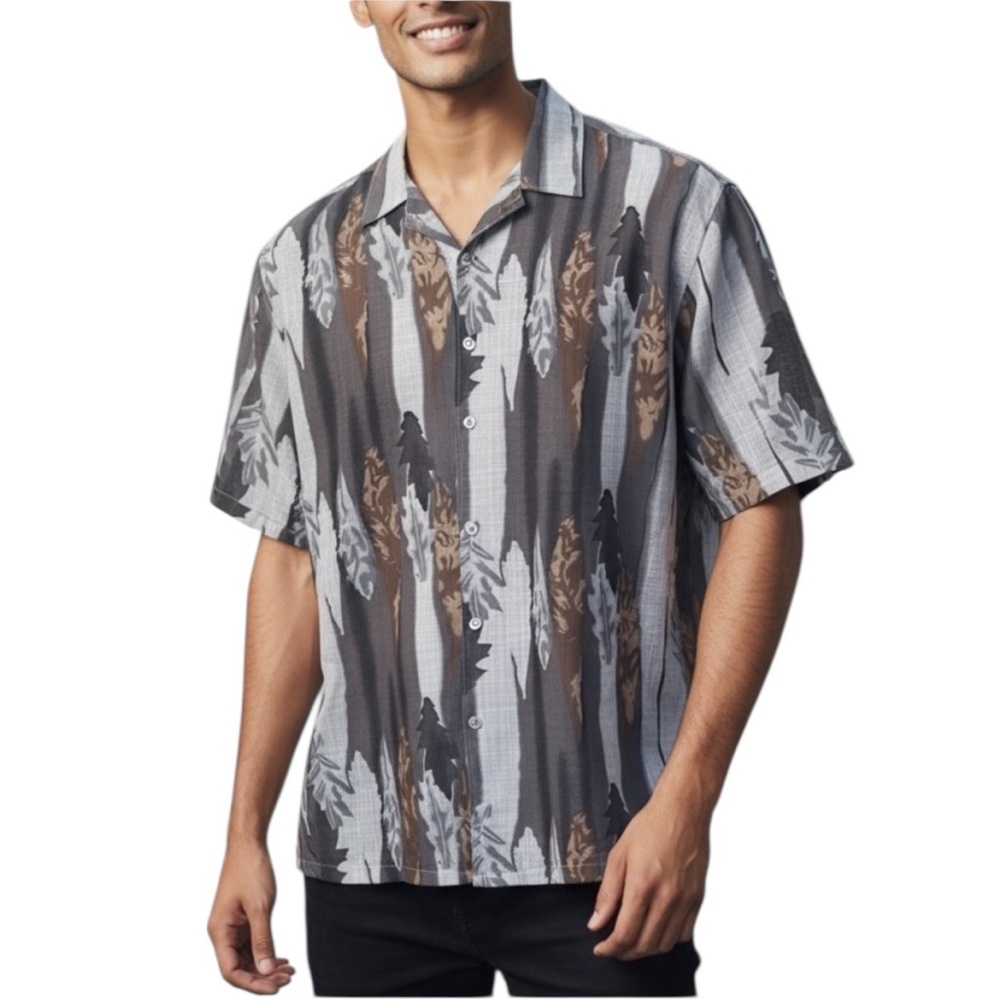 Syllables Gray & Brown Leaf Print Button Down Short Sleeve Shirt Size M